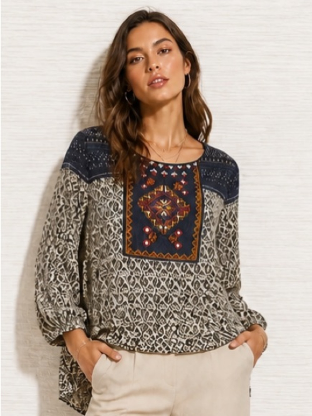 FLYING TOMATO Peasant Embroidered Aztec Boho Top Blouse Small